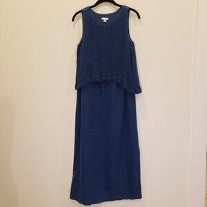 Pure Jill Linen Maxi Dress Navy Blue Textured Top Overlay Side Split Size XS